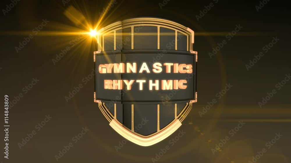 Poster seamless looping 3d animation of the word gymnastics rhythmic on a shield – orange light version; in