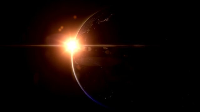 Planet Earth Orbit and Sun Reflection - Cinematic Render with realistic lensflare