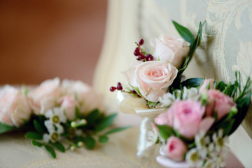 Beautiful wedding colorful bouquet for bride. Beauty of colored flowers. Close-up bunch of florets. Bridal accessories. Female decoration for girl. Details for marriage and for married couple