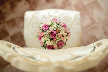 Beautiful wedding colorful bouquet for bride. Beauty of colored flowers. Close-up bunch of florets. Bridal accessories. Female decoration for girl. Details for marriage and for married couple