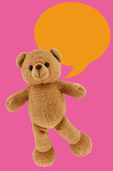 studio photo of brown light bear toy dialog