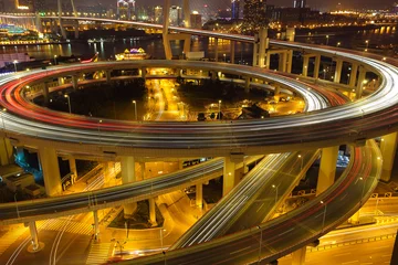Papier Peint photo autocollant Pont de Nanpu Photographie aérienne au pont viaduc viaduc de Shanghai de nuit