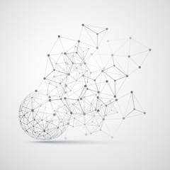 Black and White Minimal Cloud Computing, Networks Structure, Telecommunications Concept Design, Modern Style Globe and Network Connections, Transparent Geometric Wireframe - Vector Illustration