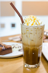 Caramel frappe coffee. Iced coffee. coffee. (In coffee shop)