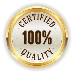 White certified quality button, badge with gold border