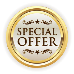 White special offer button, badge with gold border