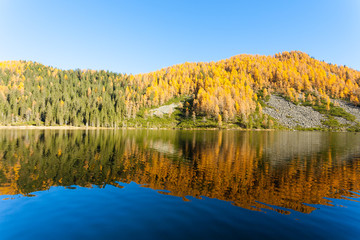 Reflections on water, autumn panorama from mountain lake