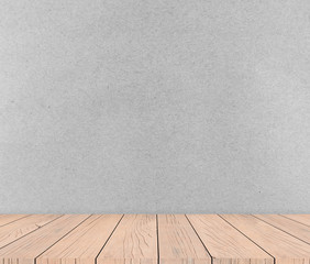 Empty wooden table and paper grey background