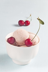 Vanilla and cherry ice cream with cherries.