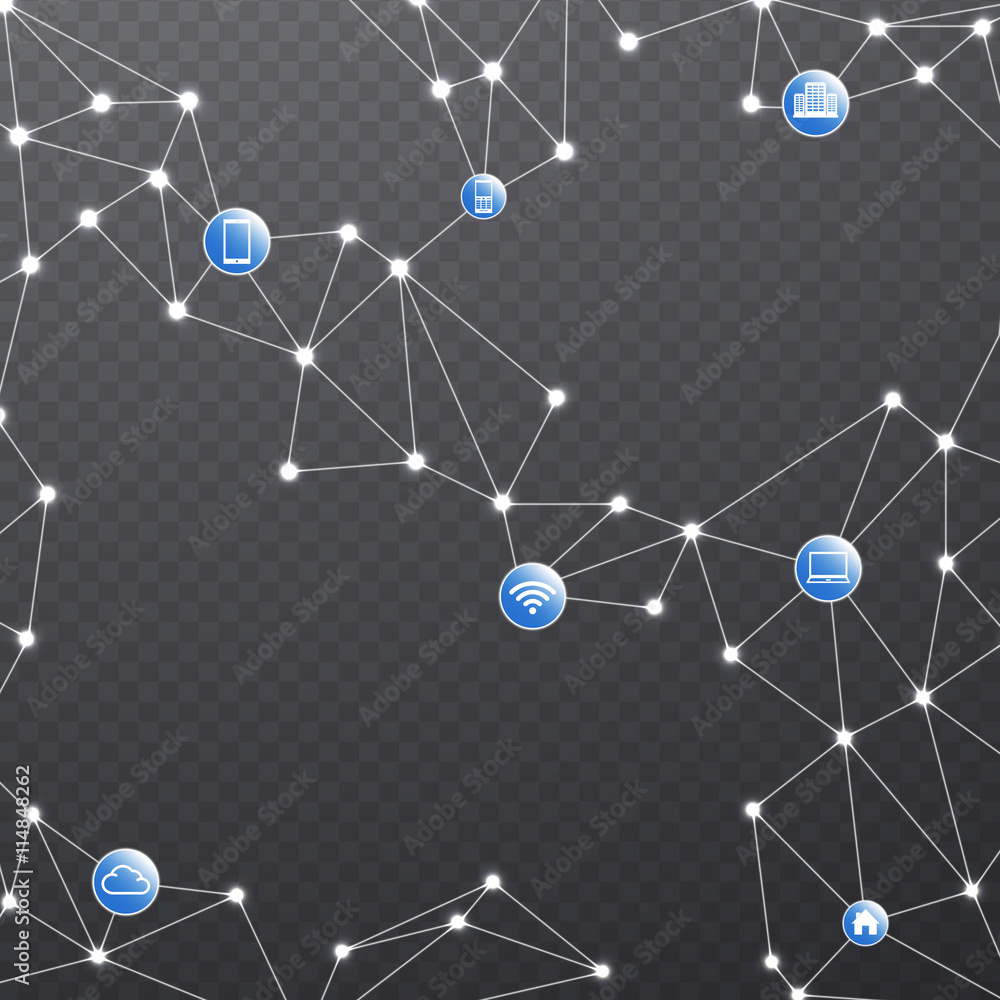 Poster wireless communication network with the connected devices. internet connections on transparent backg