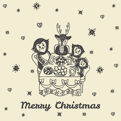 Christmas card with hand drawn animals at the festive table