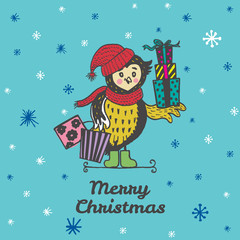 Christmas card with hand drawn Owl with gift shopping