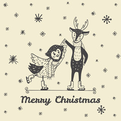Christmas card with hand drawn reindeer and owl skate.