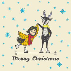 Christmas card with hand drawn reindeer and owl skate.