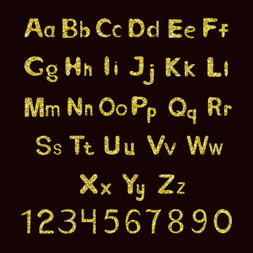 Alphabet Set.  Aphabetic fonts with golden glitter. Golden letters and numbers