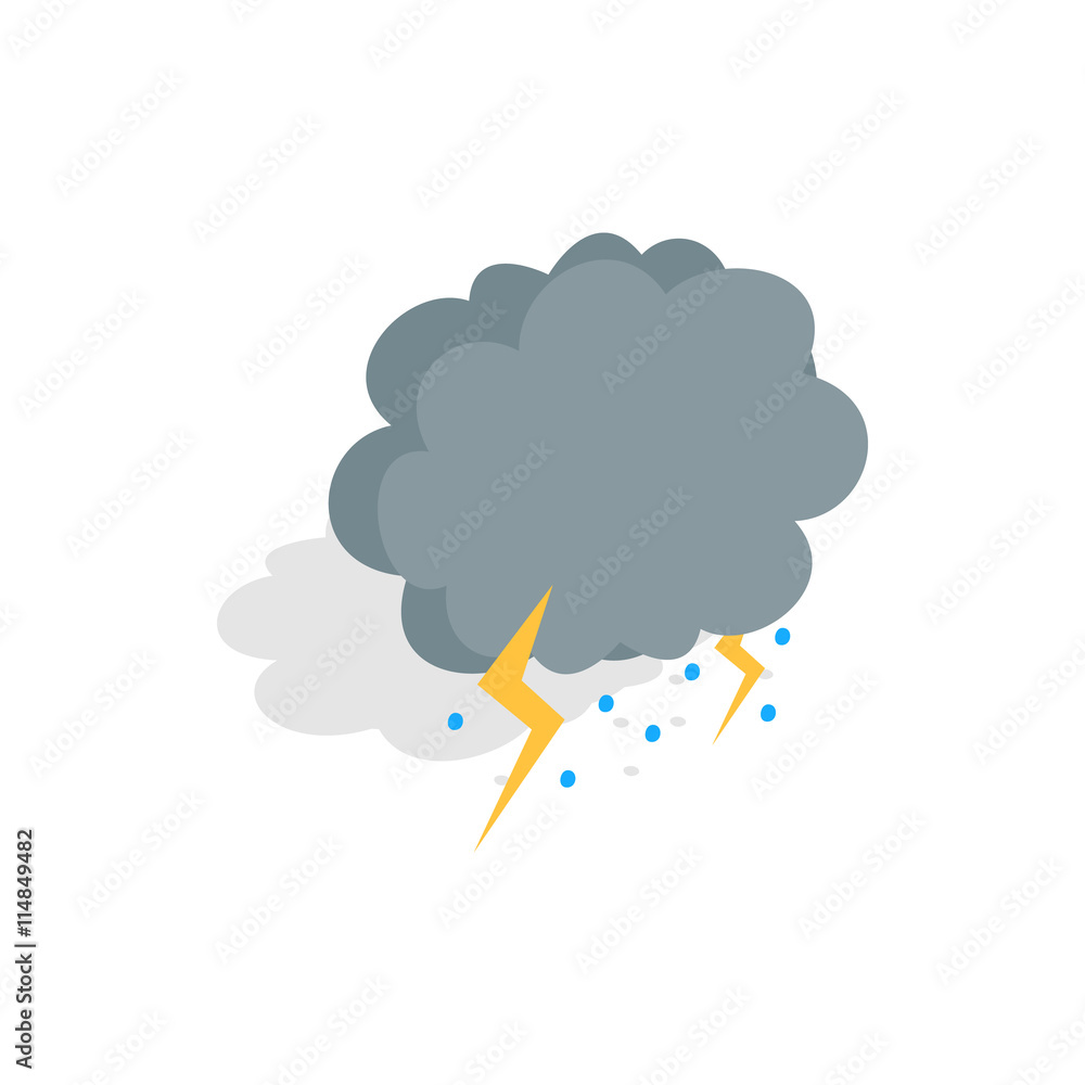 Poster cloud, lightning and hail icon in isometric 3d style on a white background