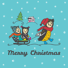 Christmas card with hand drawn owl parent carries children on a sled.