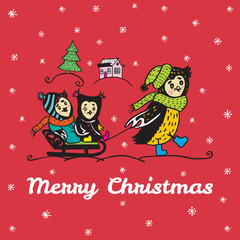 Christmas card with hand drawn owl parent carries children on a sled.