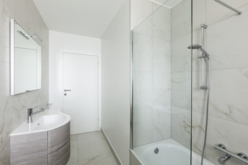Interior, white bathroom with shower