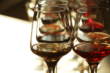 Many glasses of different wine in a row, close up
