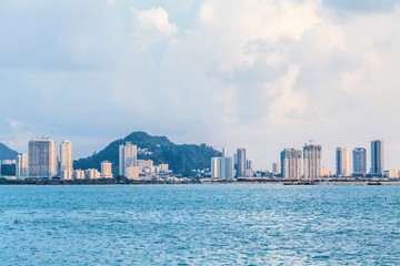 Tanjung Bungah high rise building view with mountain and sea, Penang Malaysia