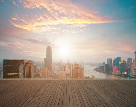 Empty wood floor with bird-eye view at Shanghai bund Skyline