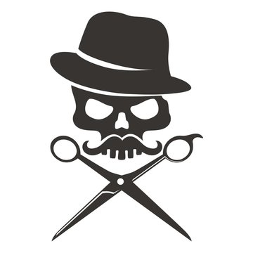 Skull With Mustache And Hat With Scissors