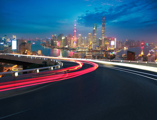 Empty road floor with bird-eye view at Shanghai bund Skyline