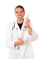 funny doctor with a big injection