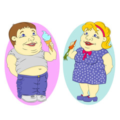 Fat man and woman eating ice cream and carrots.