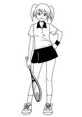 tennis player with racket,illustration,logo,ink,black and white,outline,isolated on a white