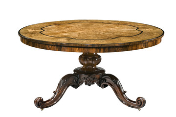 Round table antique pedestal burr wooden top with carved feet
