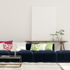 Blue sofa and a wooden console with a canvas