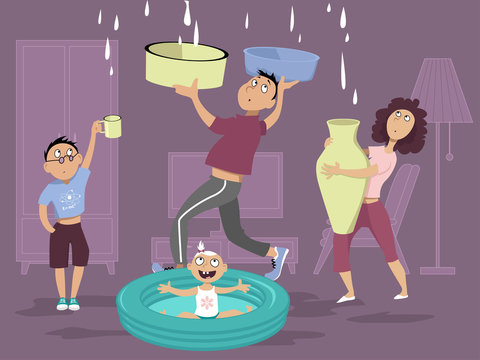 Family Dealing With A Water Leak In The Ceiling, EPS 8 Vector Illustration, No Transparencies