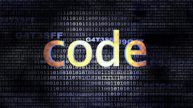 The word Code in front of a digital background representing executable code.
