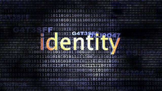 The word Identity in front of a digital background representing executable code.
