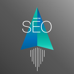 Flat design modern vector illustration concept of SEO word combined from airplane icon which symbolized a success internet searching optimization process