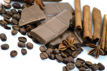 Tiles broken chocolate and coffee beans