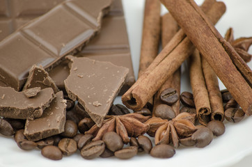 Tiles broken chocolate and coffee beans