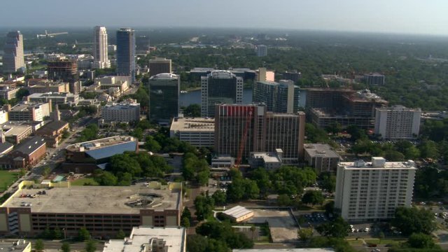 Aerial of skyscrapers and Lake Eola in Orlando, Florida