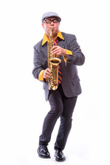 Naklejka premium Portrait of Passionate Expressive Male Alto Saxophone Player