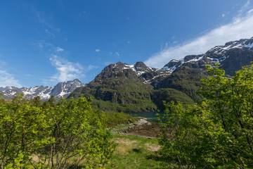 Fototapeta na wymiar Mountain landscape with blue sky, Norway