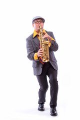 Obraz na płótnie Canvas Portrait of Passionate Expressive Male Alto Saxophone Player