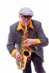 Fototapeta premium Portrait of Passionate Expressive Male Alto Saxophone Player
