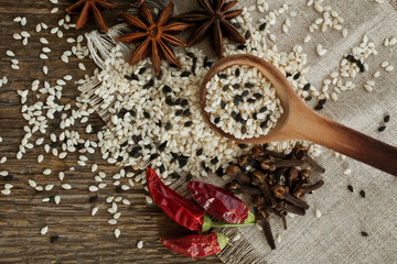 Spices on a wooden surface closeup