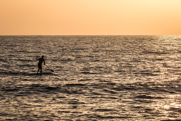 Fototapeta premium Silhouette of a young man on his sup paddle board during a clear sunset