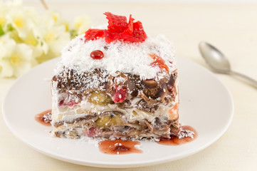 Strawberry cake served on a white plate