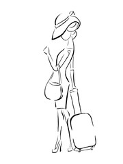 Sketch of a girl with a hat and a suitcase