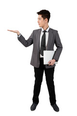 business man stand open one hand