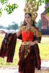 Portrait of Beautiful Thai lady  in  Ap sara series, Apsara (also spelled as Apsarasa) is a female spirit of the clouds and waters in Hindu and Buddhist mythology